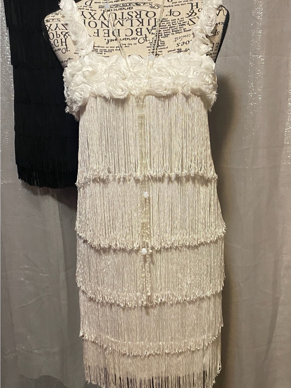 White Fringe Tiered Mini Dress with Rosette Straps